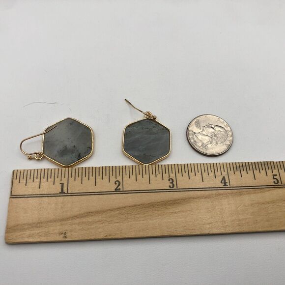 Gray Quartz Earrings Natural Hexagon Gemstone Gold Tone Bezel Drop Dangles - Picture 5 of 5